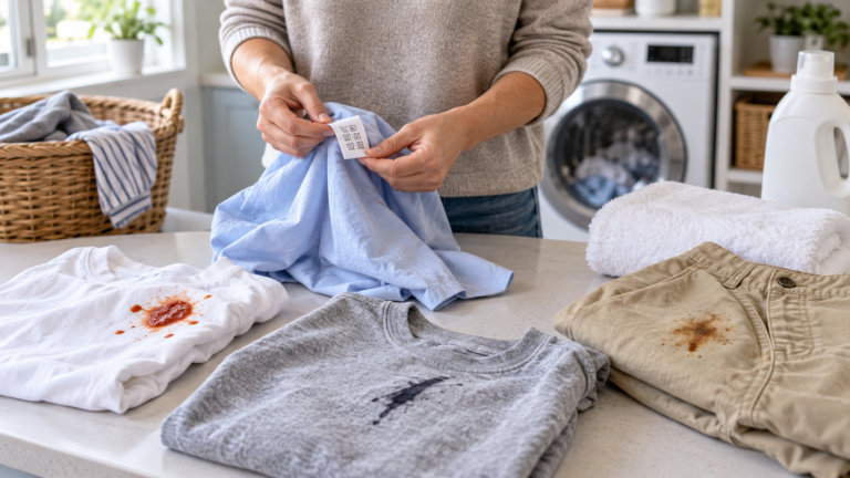 Person checking a garment care label beside separate tomato sauce, marker, and rust stains in a home laundry room.
