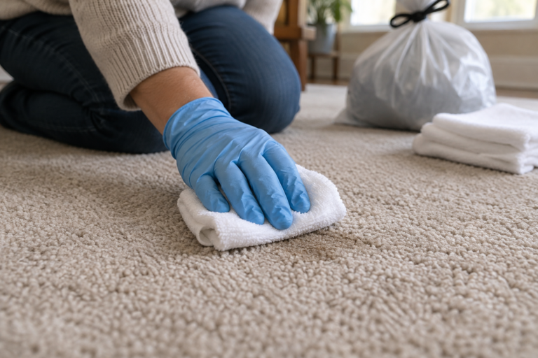 Gloved hand holding a folded white cloth against beige carpet to blot a small spot