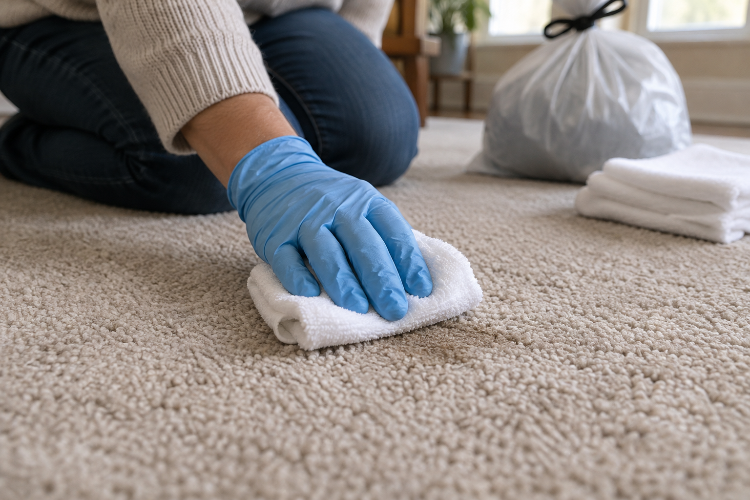 Gloved hand holding a folded white cloth against beige carpet to blot a small spot